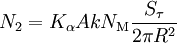 
N_{\mathrm{2}} = K_{\mathrm{\alpha}} A k N_{\mathrm{M}} \frac{S_{\mathrm{\tau}}}{2 \pi R^2}