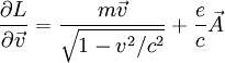 \frac{\partial L}{\partial \vec v}=\frac{m\vec v}{\sqrt{1-v^2/c^2}}+\frac{e}c\vec A