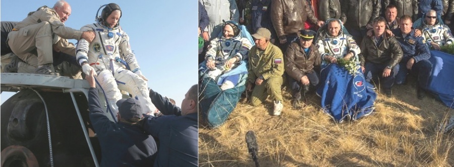 Илл.1. 2014 г. Возвращение на Землю экипажа 38/39-й длительной экспедиции на МКС.  Из 170-суточной космической командировки вернулись Александр Скворцов и Олег Артемьев, а также астронавт НАСА Стивен Свонсон.[15]